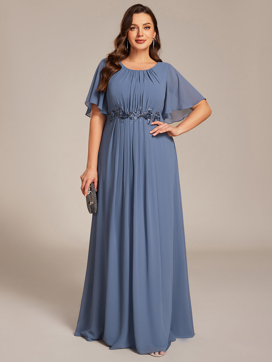 Bodenlanger A-Linien Chiffonkleid Mit Raffung Blumenmuster Und Applikationen #Farbe_Taubenblau