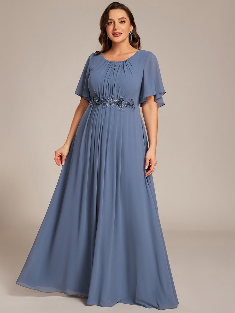 Bodenlanger A-Linien Chiffonkleid Mit Raffung Blumenmuster Und Applikationen #Farbe_Taubenblau