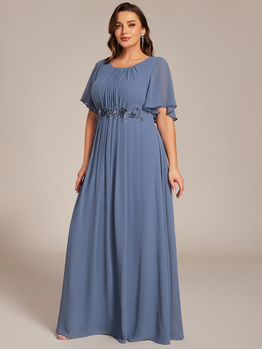Bodenlanger A-Linien Chiffonkleid Mit Raffung Blumenmuster Und Applikationen #Farbe_Taubenblau