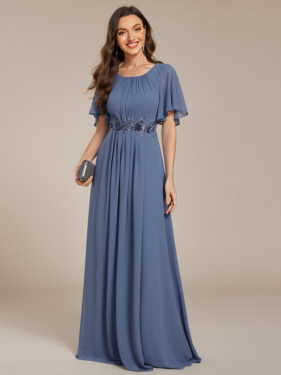 Bodenlanger A-Linien Chiffonkleid Mit Raffung Blumenmuster Und Applikationen #Farbe_Taubenblau