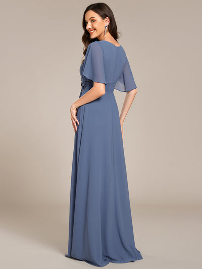 Bodenlanger A-Linien Chiffonkleid Mit Raffung Blumenmuster Und Applikationen #Farbe_Taubenblau