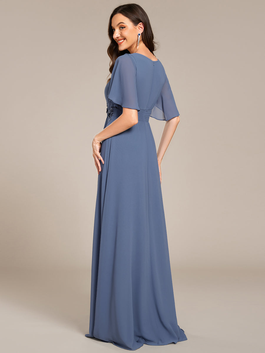Bodenlanger A-Linien Chiffonkleid Mit Raffung Blumenmuster Und Applikationen #Farbe_Taubenblau