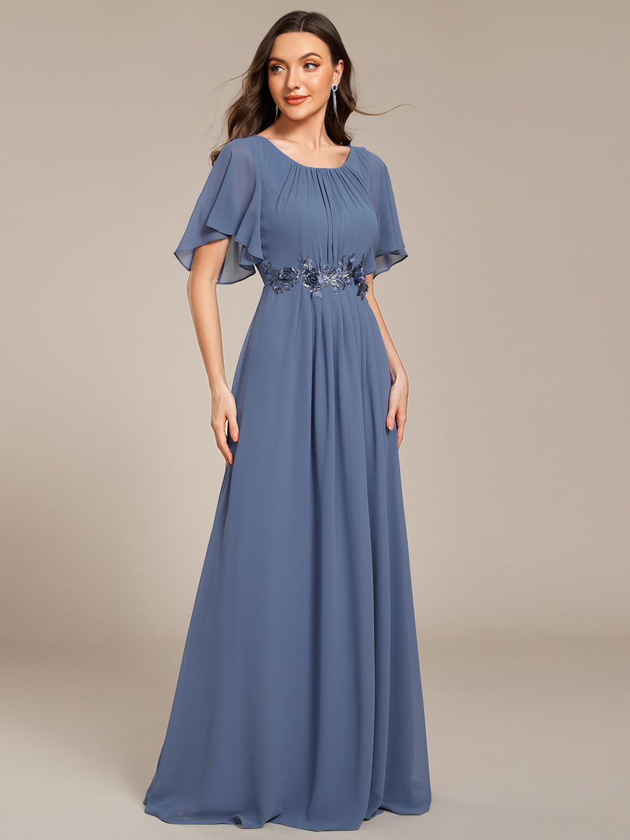Bodenlanger A-Linien Chiffonkleid Mit Raffung Blumenmuster Und Applikationen #Farbe_Taubenblau