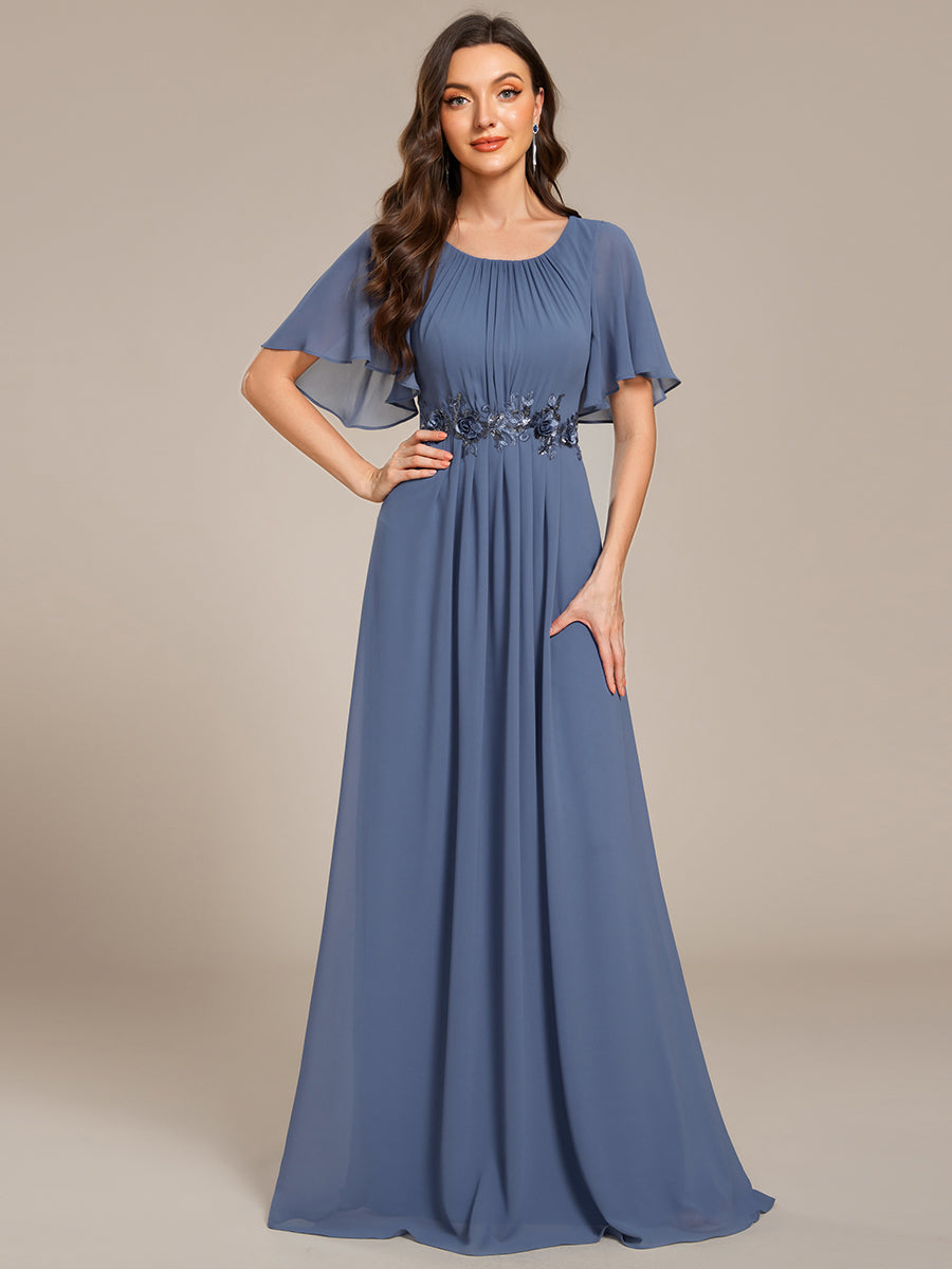 Bodenlanger A-Linien Chiffonkleid Mit Raffung Blumenmuster Und Applikationen #Farbe_Taubenblau