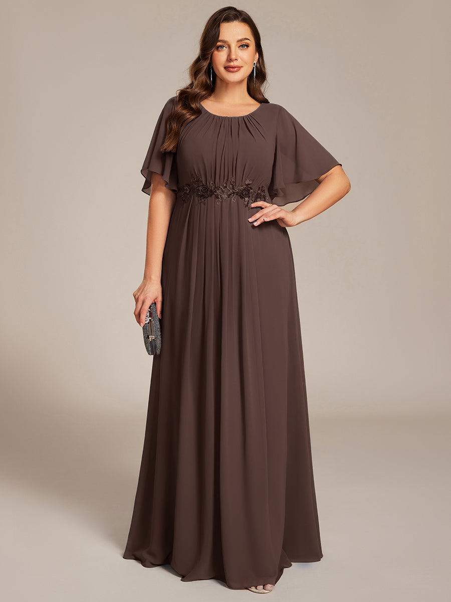 Bodenlanger A-Linien Chiffonkleid Mit Raffung Blumenmuster Und Applikationen #Farbe_Espressobraun