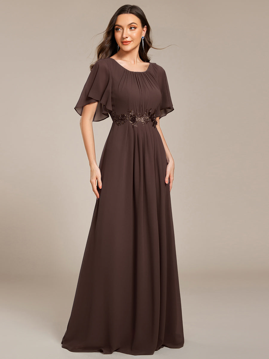 Bodenlanger A-Linien Chiffonkleid Mit Raffung Blumenmuster Und Applikationen #Farbe_Espressobraun