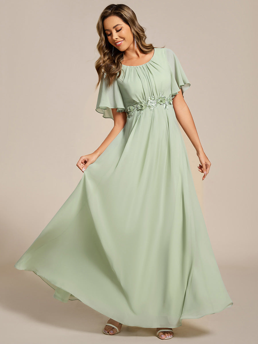 Bodenlanger A-Linien Chiffonkleid Mit Raffung Blumenmuster Und Applikationen #Farbe_Mintgrün