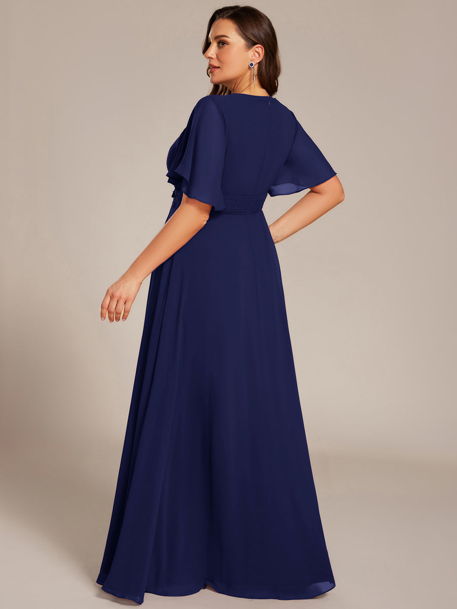 Bodenlanger A-Linien Chiffonkleid Mit Raffung Blumenmuster Und Applikationen #Farbe_Marineblau