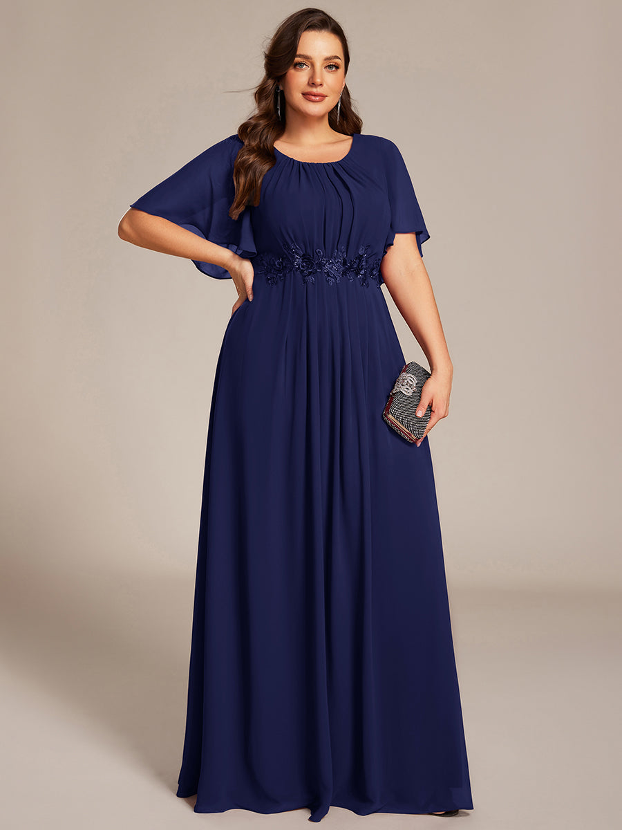 Bodenlanger A-Linien Chiffonkleid Mit Raffung Blumenmuster Und Applikationen #Farbe_Marineblau