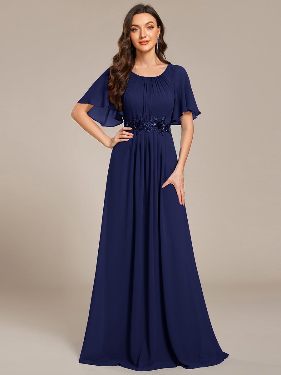 Bodenlanger A-Linien Chiffonkleid Mit Raffung Blumenmuster Und Applikationen #Farbe_Marineblau
