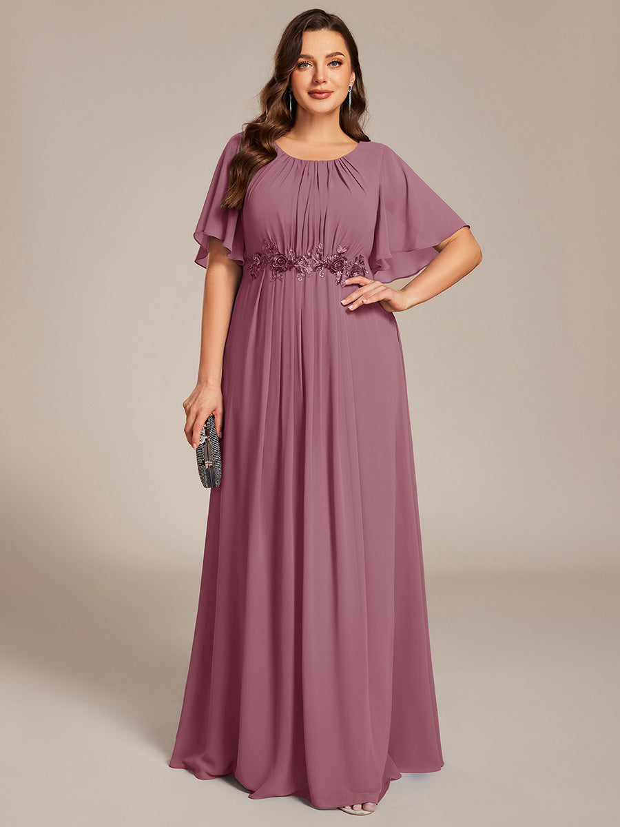 Bodenlanger A-Linien Chiffonkleid Mit Raffung Blumenmuster Und Applikationen #Farbe_Orchideenviolett