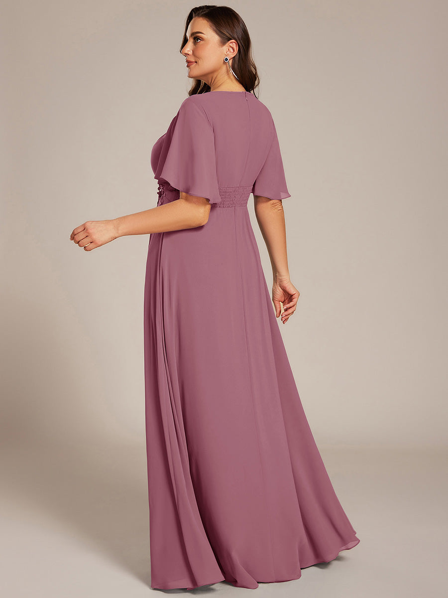 Bodenlanger A-Linien Chiffonkleid Mit Raffung Blumenmuster Und Applikationen #Farbe_Orchideenviolett