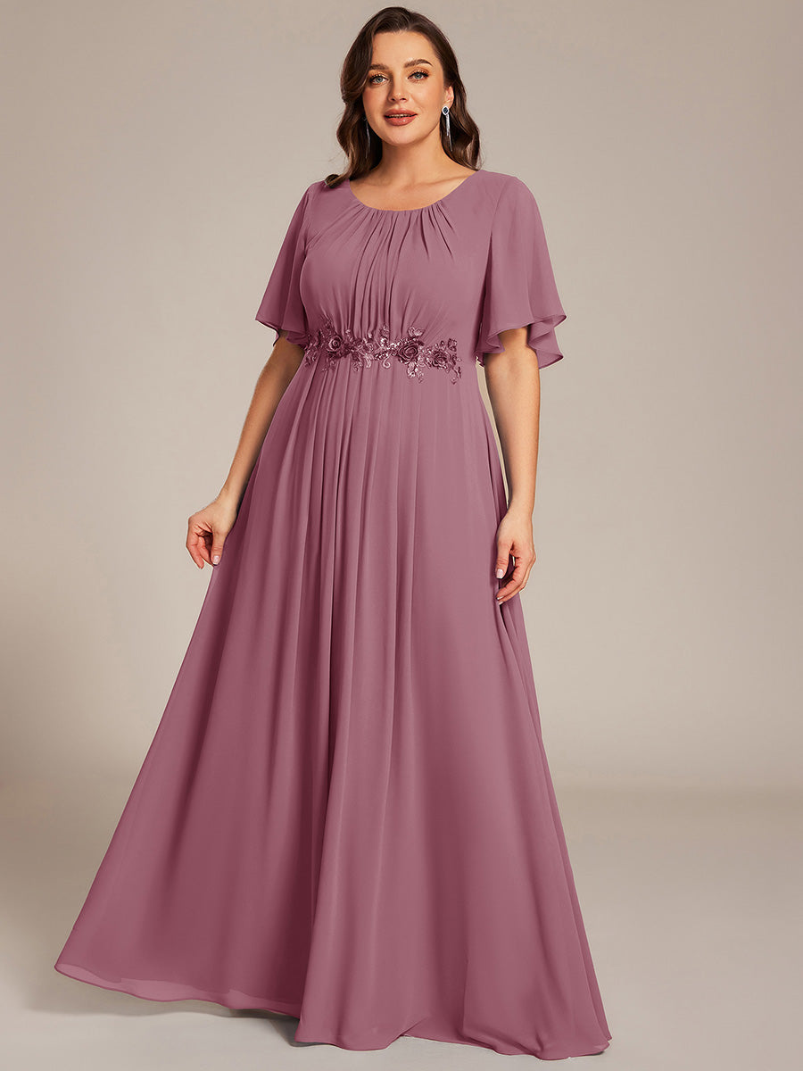 Bodenlanger A-Linien Chiffonkleid Mit Raffung Blumenmuster Und Applikationen #Farbe_Orchideenviolett