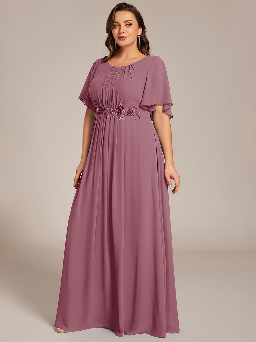 Bodenlanger A-Linien Chiffonkleid Mit Raffung Blumenmuster Und Applikationen #Farbe_Orchideenviolett