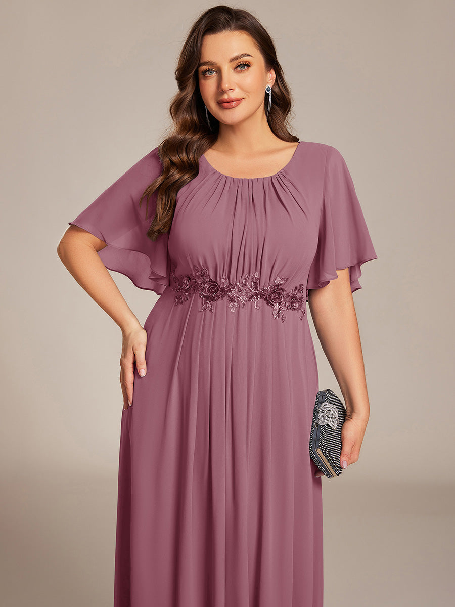 Bodenlanger A-Linien Chiffonkleid Mit Raffung Blumenmuster Und Applikationen #Farbe_Orchideenviolett