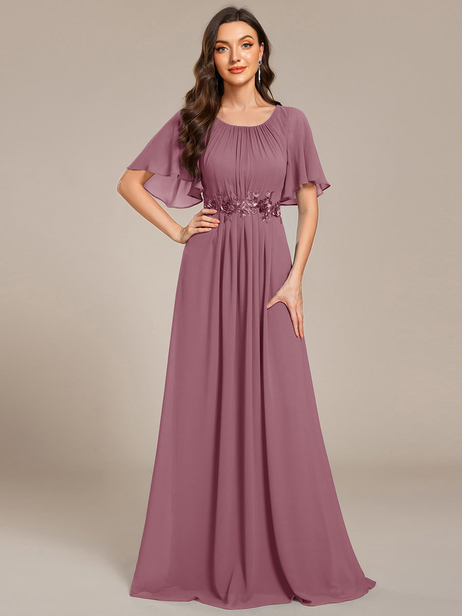 Bodenlanger A-Linien Chiffonkleid Mit Raffung Blumenmuster Und Applikationen #Farbe_Orchideenviolett