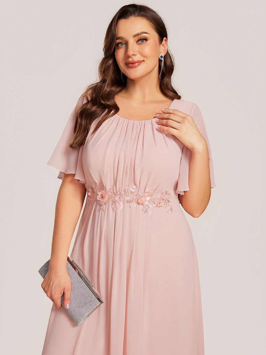 Midi Länge A Linie Chiffon Kleid Mit Rundhalsausschnitt Raffung Blumenmuster Und Applikationen #Farbe_Pink