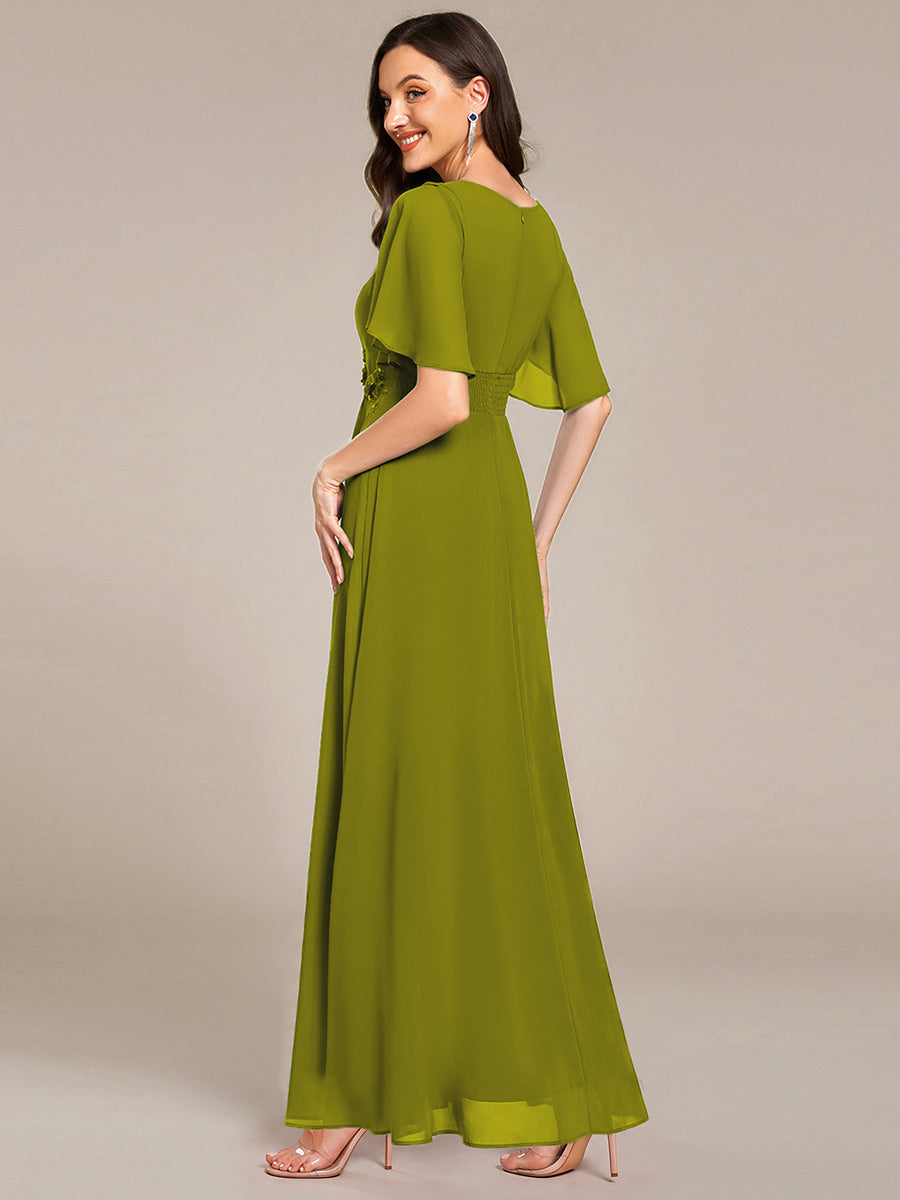 Bodenlanger A-Linien Chiffonkleid Mit Raffung Blumenmuster Und Applikationen #Farbe_Zitronengelb