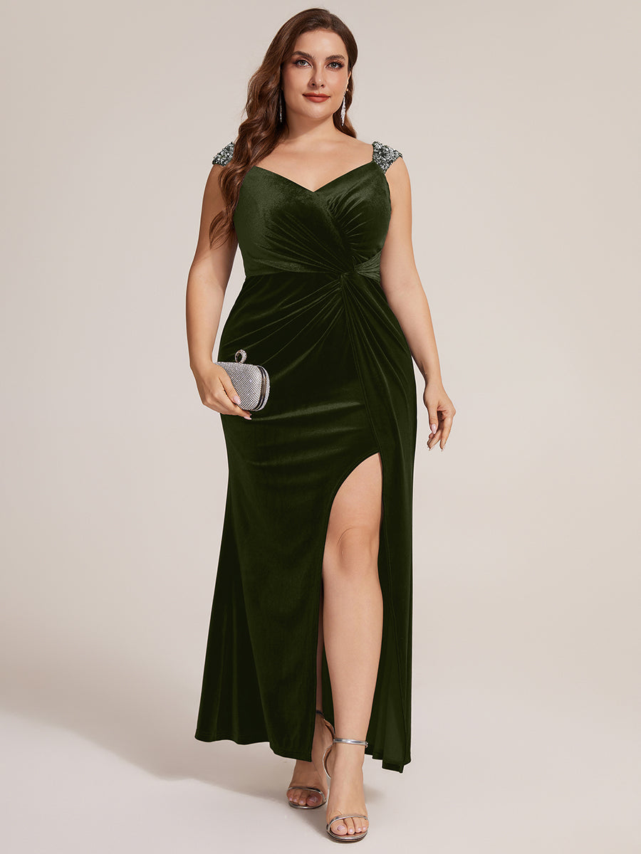 Maxilänge Meerjungfrau Kleid V Ausschnitt Samt Zum Binden Pailletten Schlitz #Farbe_Olivgrün