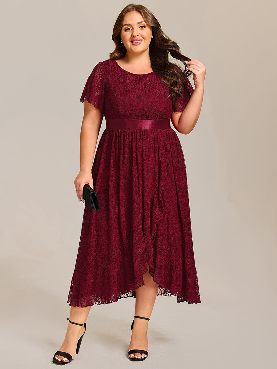Hochtief Spitzen A Linie Kleid Mit Rundhalsausschnitt Blumenmuster Und Durchsichtigen Details Kleid #Farbe_Burgunderrot