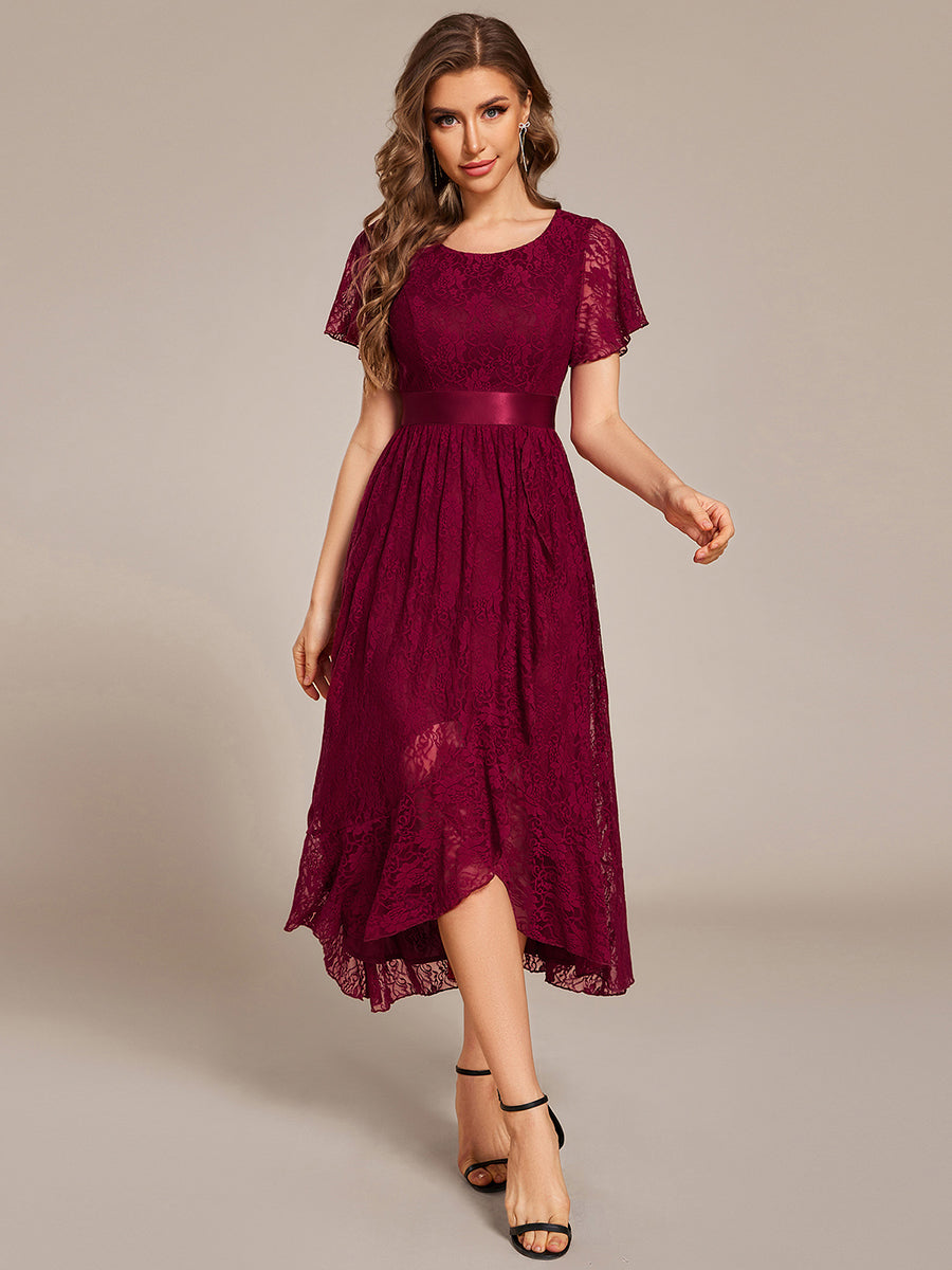 Hochtief Spitzen A Linie Kleid Mit Rundhalsausschnitt Blumenmuster Und Durchsichtigen Details Kleid #Farbe_Burgunderrot