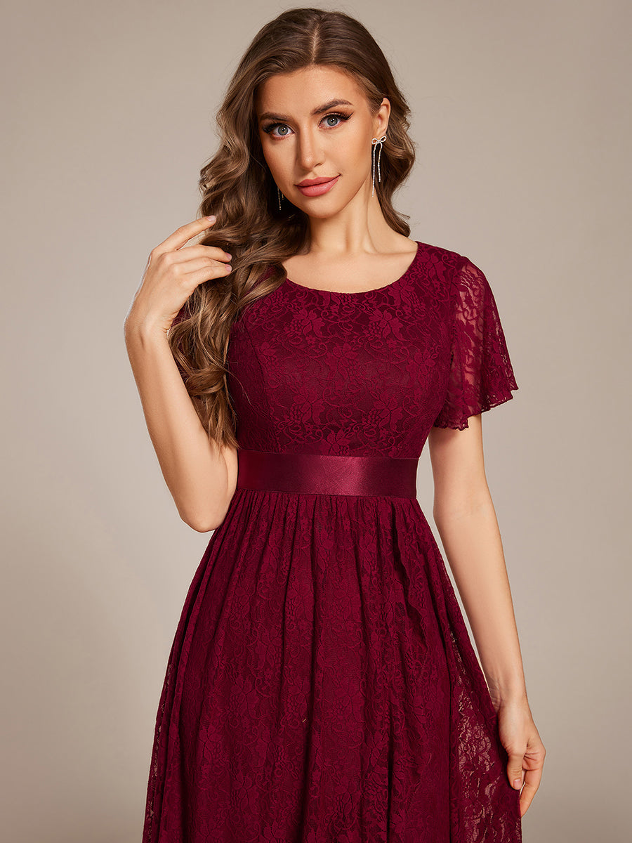 Hochtief Spitzen A Linie Kleid Mit Rundhalsausschnitt Blumenmuster Und Durchsichtigen Details Kleid #Farbe_Burgunderrot