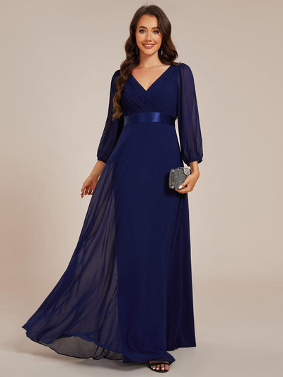 Funkelndes Abendkleid in A-Linie mit Empire-Taille und langen ?rmeln #farbe_Navy Blau
