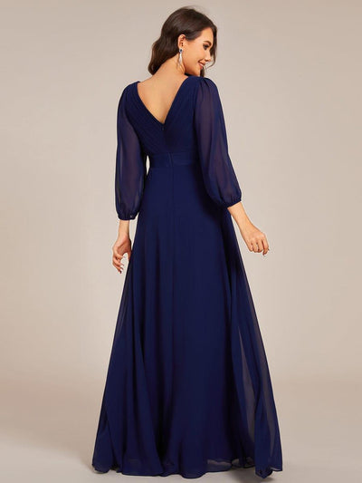 Funkelndes Abendkleid in A-Linie mit Empire-Taille und langen ?rmeln #farbe_Navy Blau