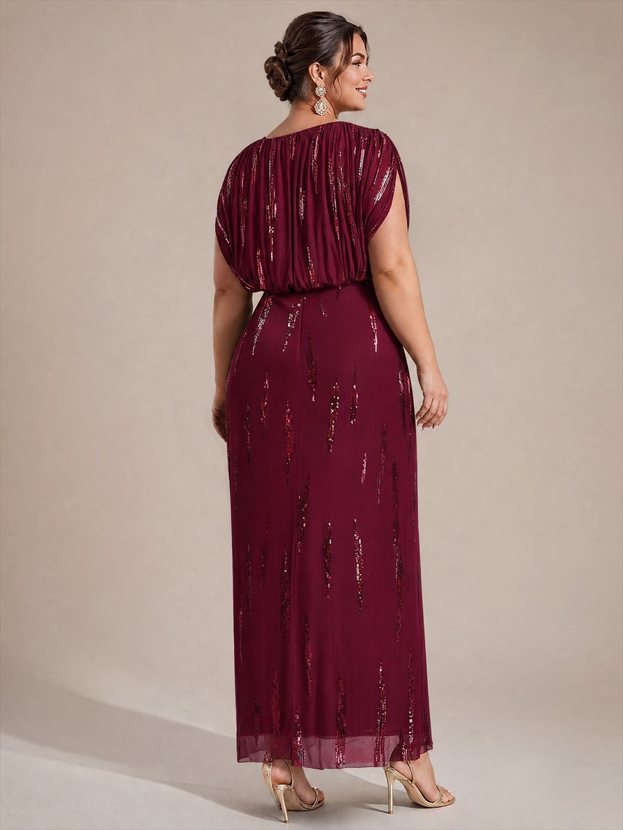 Maxilänge V-Ausschnitt Figurbetontes Kleid Aus Tüll Mit Schlitz Und 3D Drapierung Pailletten #Farbe_Burgunderrot