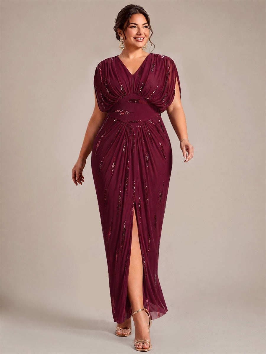 Maxilänge V-Ausschnitt Figurbetontes Kleid Aus Tüll Mit Schlitz Und 3D Drapierung Pailletten #Farbe_Burgunderrot