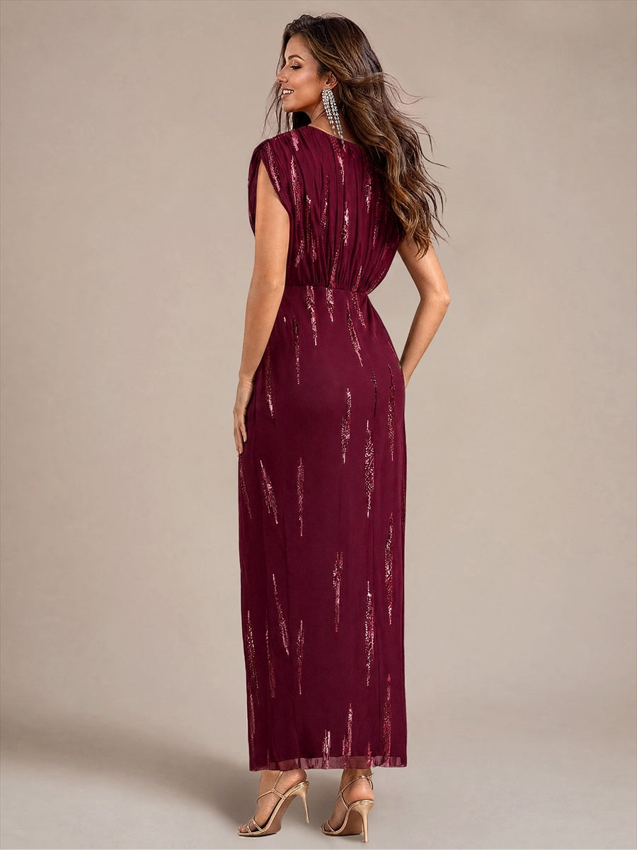 Maxilänge V-Ausschnitt Figurbetontes Kleid Aus Tüll Mit Schlitz Und 3D Drapierung Pailletten #Farbe_Burgunderrot