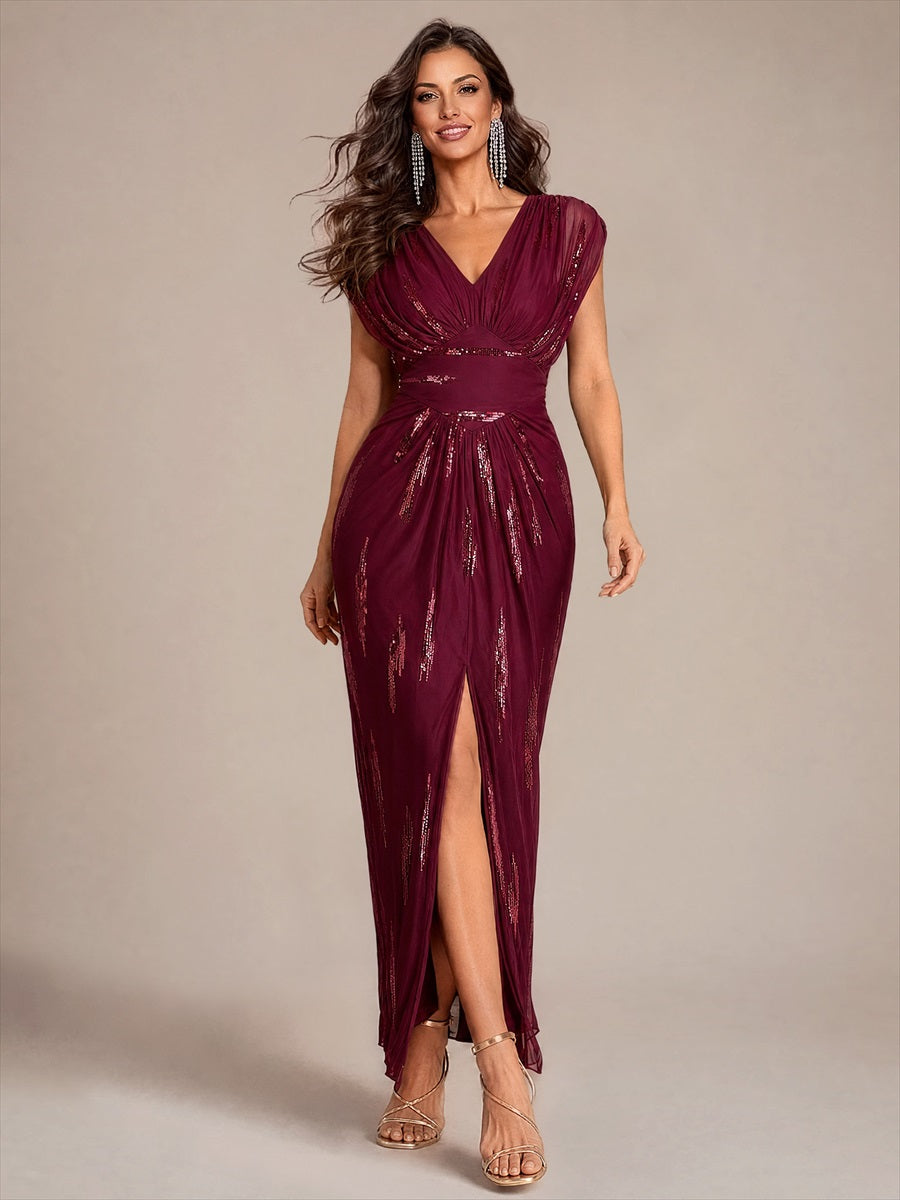 Maxilänge V-Ausschnitt Figurbetontes Kleid Aus Tüll Mit Schlitz Und 3D Drapierung Pailletten #Farbe_Burgunderrot
