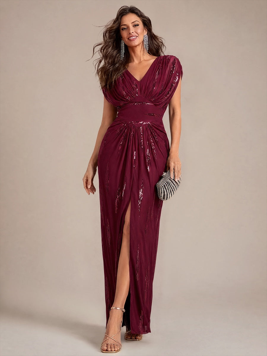 Maxilänge V-Ausschnitt Figurbetontes Kleid Aus Tüll Mit Schlitz Und 3D Drapierung Pailletten #Farbe_Burgunderrot