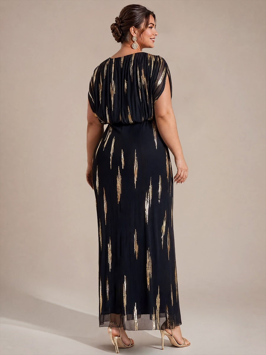 Maxilänge V-Ausschnitt Figurbetontes Kleid Aus Tüll Mit Schlitz Und 3D Drapierung Pailletten #Farbe_Schwarz / Metallisches Gold