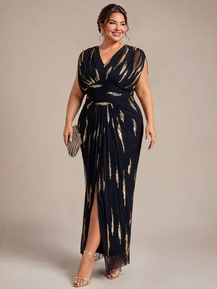 Maxilänge V-Ausschnitt Figurbetontes Kleid Aus Tüll Mit Schlitz Und 3D Drapierung Pailletten #Farbe_Schwarz / Metallisches Gold