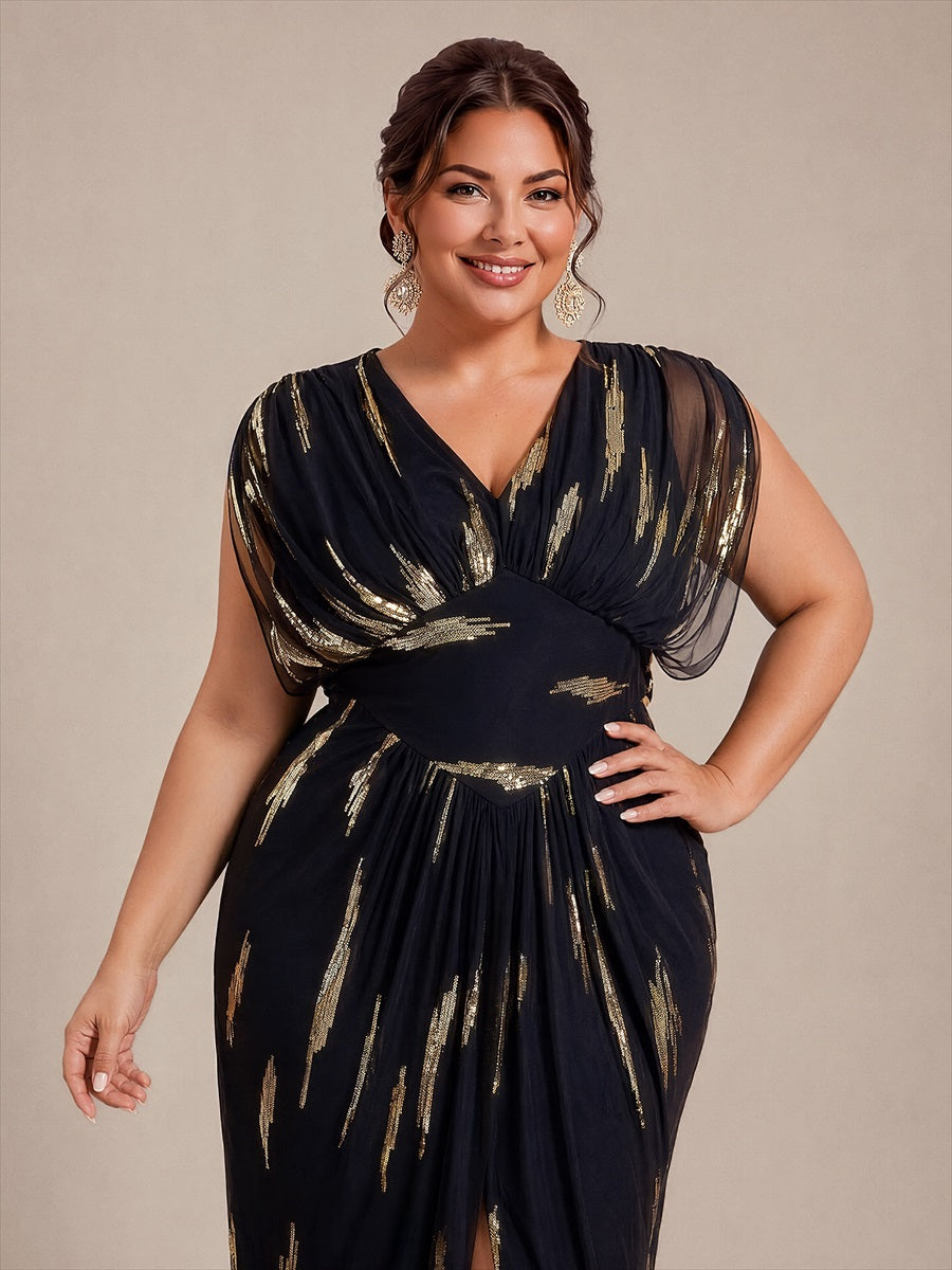 Maxilänge V-Ausschnitt Figurbetontes Kleid Aus Tüll Mit Schlitz Und 3D Drapierung Pailletten #Farbe_Schwarz / Metallisches Gold