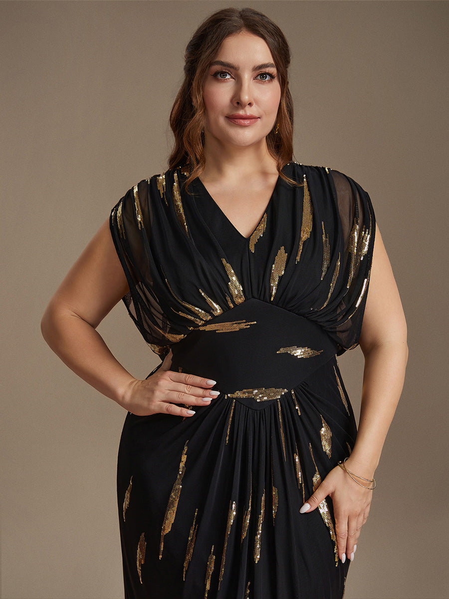 Maxilänge V-Ausschnitt Figurbetontes Kleid Aus Tüll Mit Schlitz Und 3D Drapierung Pailletten #Farbe_Schwarz & Gold
