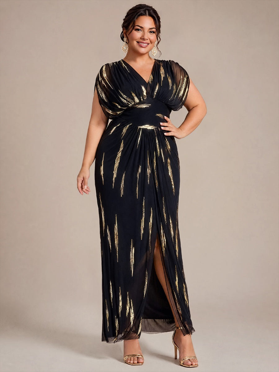 Maxilänge V-Ausschnitt Figurbetontes Kleid Aus Tüll Mit Schlitz Und 3D Drapierung Pailletten #Farbe_Schwarz / Metallisches Gold
