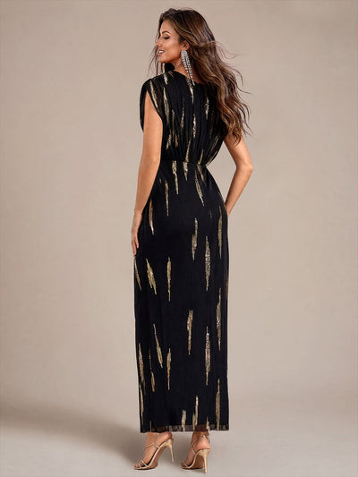 Maxilänge V-Ausschnitt Figurbetontes Kleid Aus Tüll Mit Schlitz Und 3D Drapierung Pailletten #Farbe_Schwarz & Gold