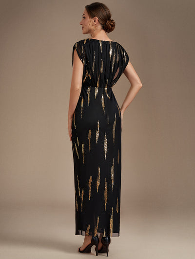 Maxilänge V-Ausschnitt Figurbetontes Kleid Aus Tüll Mit Schlitz Und 3D Drapierung Pailletten #Farbe_Schwarz & Gold