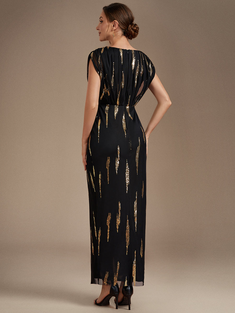 Maxilänge V-Ausschnitt Figurbetontes Kleid Aus Tüll Mit Schlitz Und 3D Drapierung Pailletten #Farbe_Schwarz & Gold