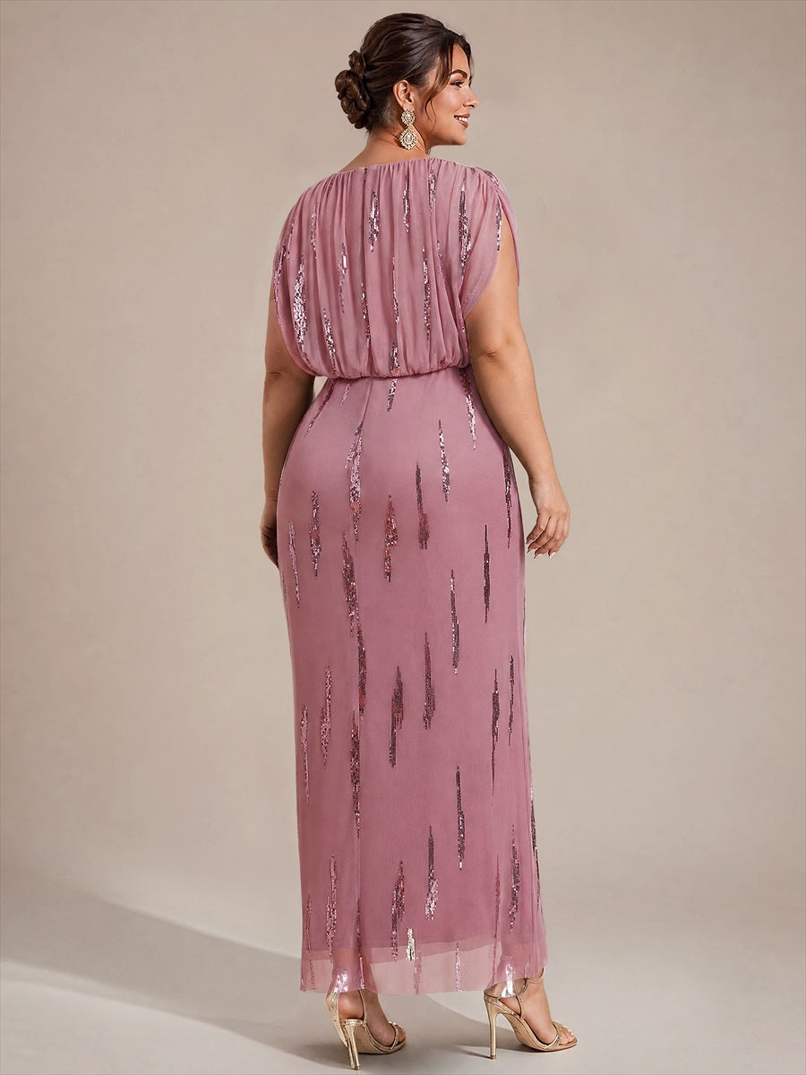 Maxilänge V-Ausschnitt Figurbetontes Kleid Aus Tüll Mit Schlitz Und 3D Drapierung Pailletten #Farbe_Orchideenviolett