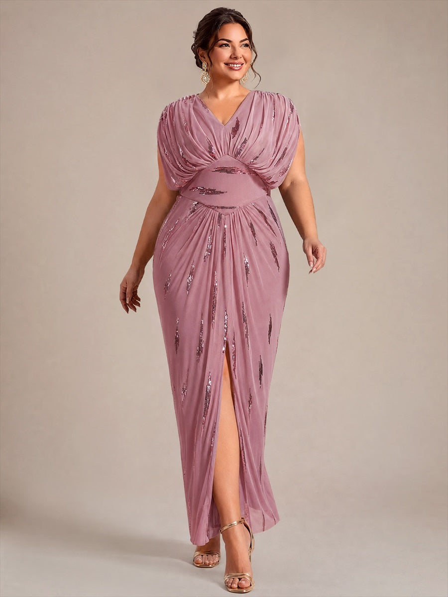 Maxilänge V-Ausschnitt Figurbetontes Kleid Aus Tüll Mit Schlitz Und 3D Drapierung Pailletten #Farbe_Orchideenviolett