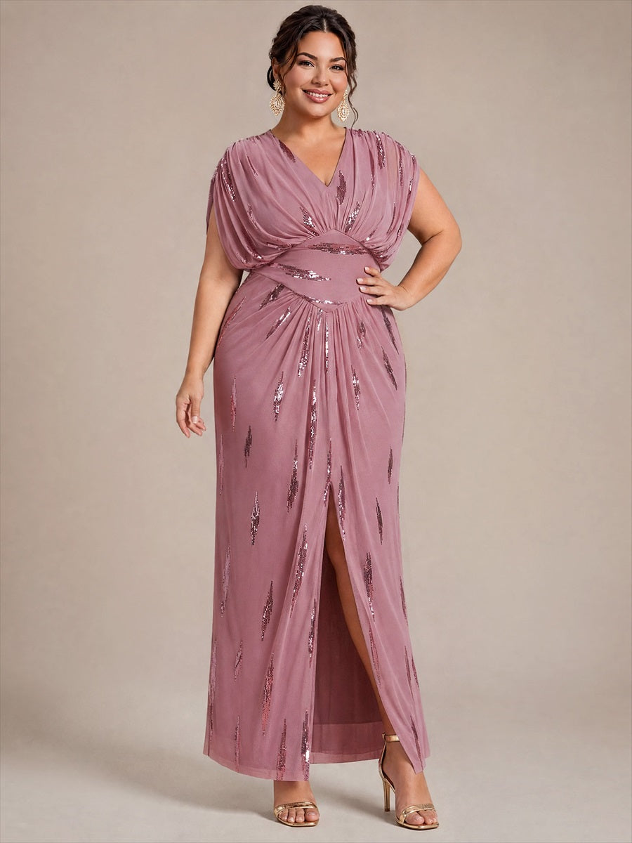 Maxilänge V-Ausschnitt Figurbetontes Kleid Aus Tüll Mit Schlitz Und 3D Drapierung Pailletten #Farbe_Orchideenviolett