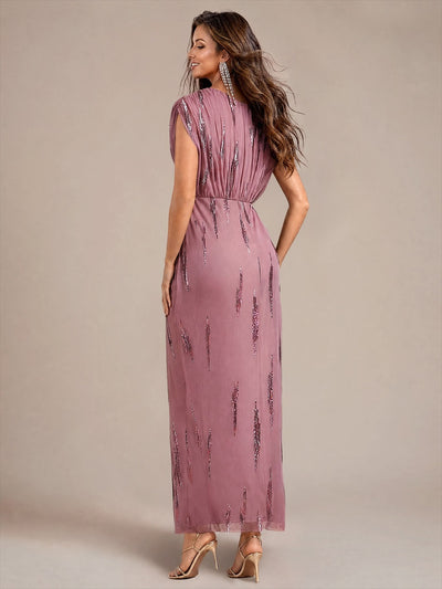 Maxilänge V-Ausschnitt Figurbetontes Kleid Aus Tüll Mit Schlitz Und 3D Drapierung Pailletten #Farbe_Orchideenviolett