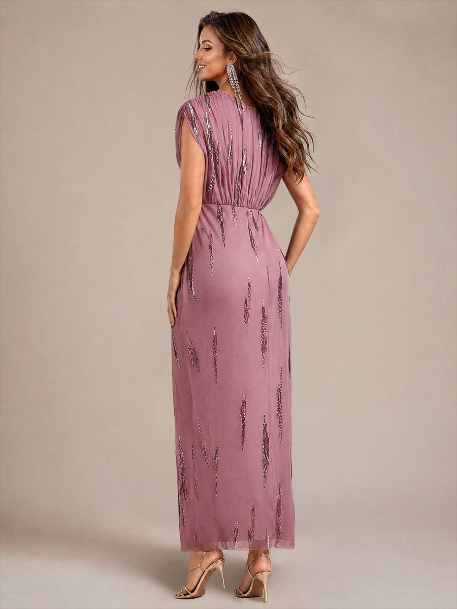 Maxilänge V-Ausschnitt Figurbetontes Kleid Aus Tüll Mit Schlitz Und 3D Drapierung Pailletten #Farbe_Orchideenviolett