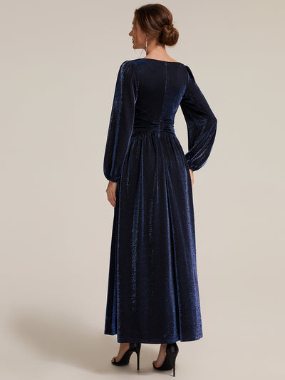 Maxilänge V-Ausschnitt A-Linien Kleid Aus Lurex Netzstoff Mit 3D Drapierung #Farbe_Marineblau
