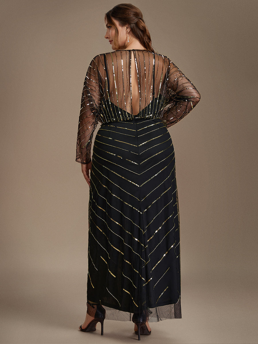 Maxilänge V-Ausschnitt Etui Kleid Aus Tüll Mit Schlitz Und Perlenbesetzt #Farbe_Schwarz & Gold