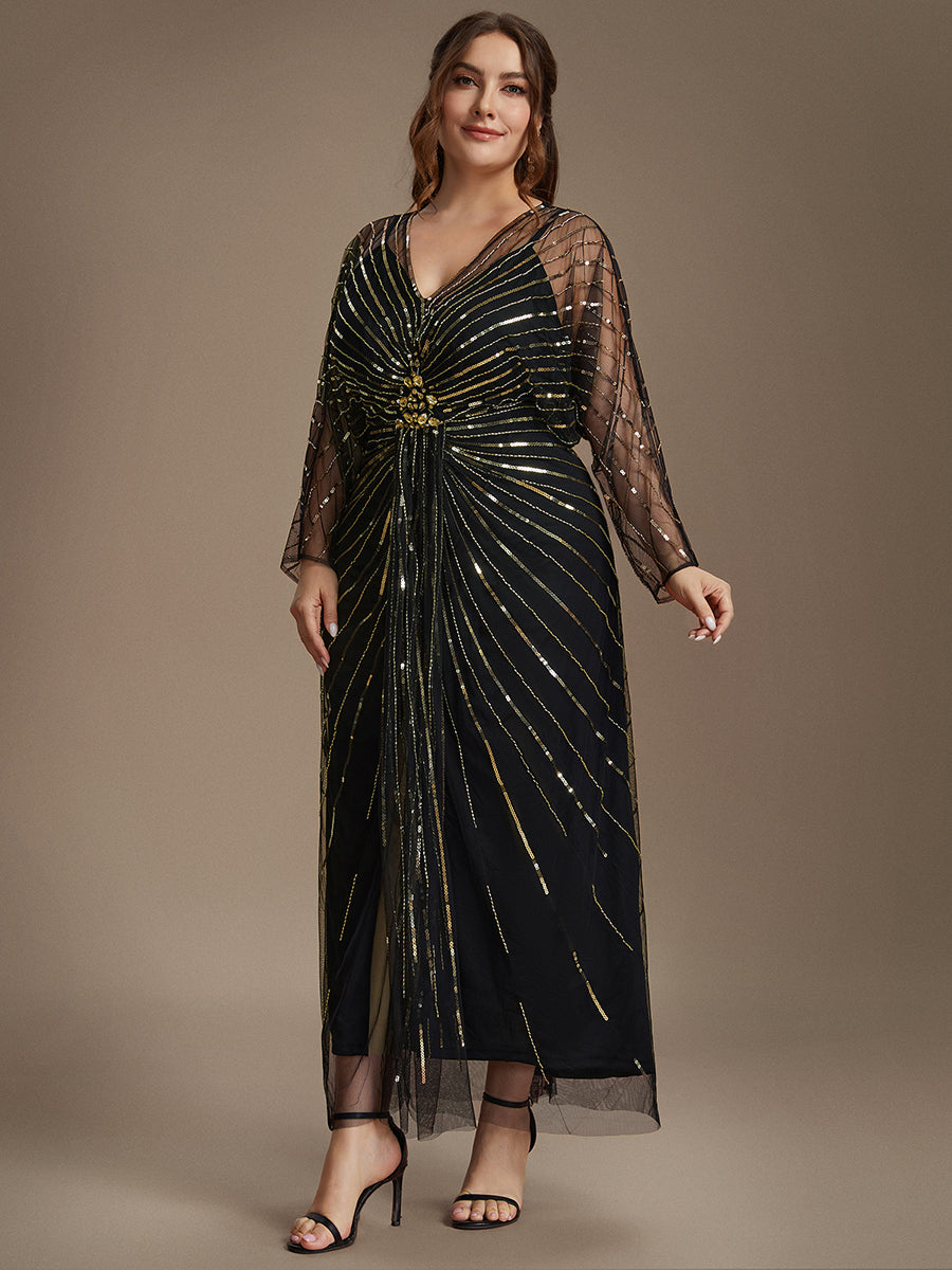 Maxilänge V-Ausschnitt Etui Kleid Aus Tüll Mit Schlitz Und Perlenbesetzt #Farbe_Schwarz & Gold