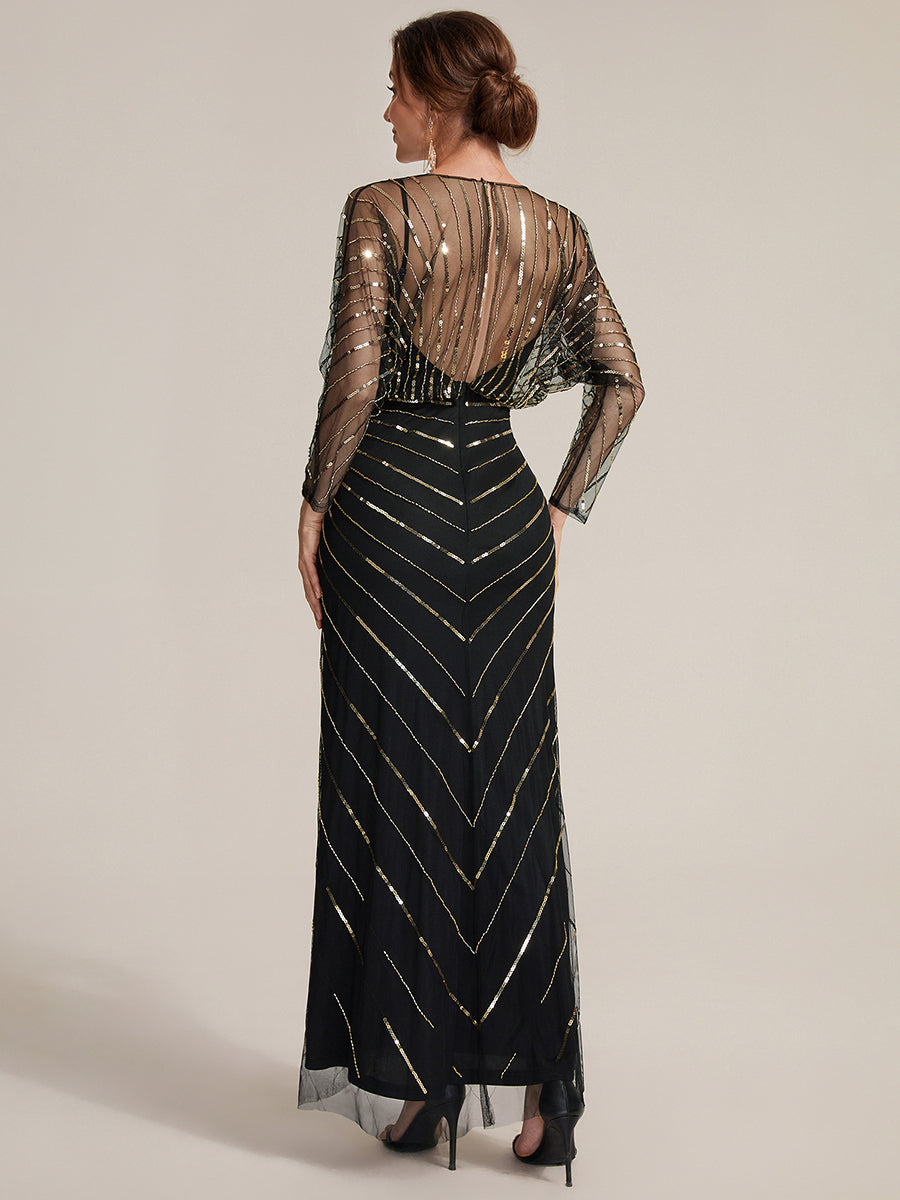Maxilänge V-Ausschnitt Etui Kleid Aus Tüll Mit Schlitz Und Perlenbesetzt #Farbe_Schwarz & Gold